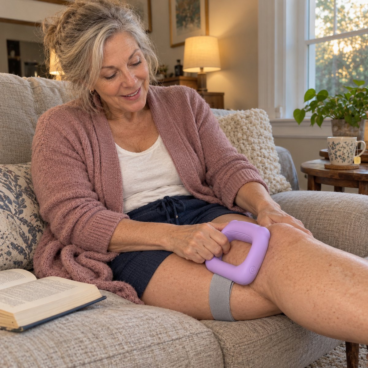 Linda M. with the Haldrow Comfort Ring on her thigh in the living room