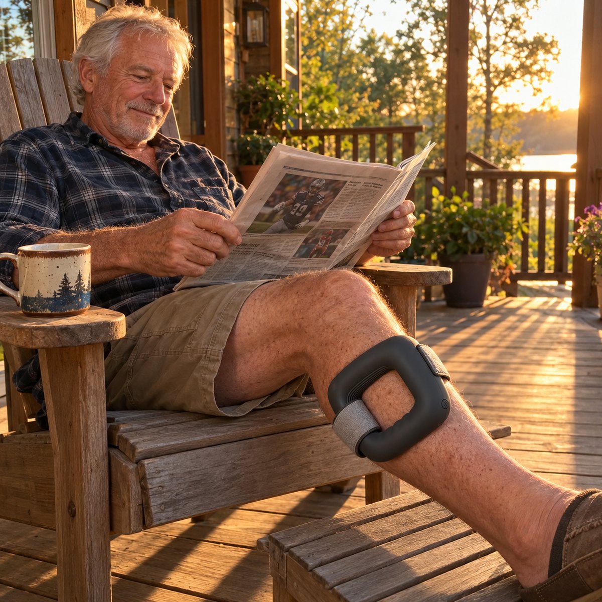 David on his porch with the charcoal ring on his calf