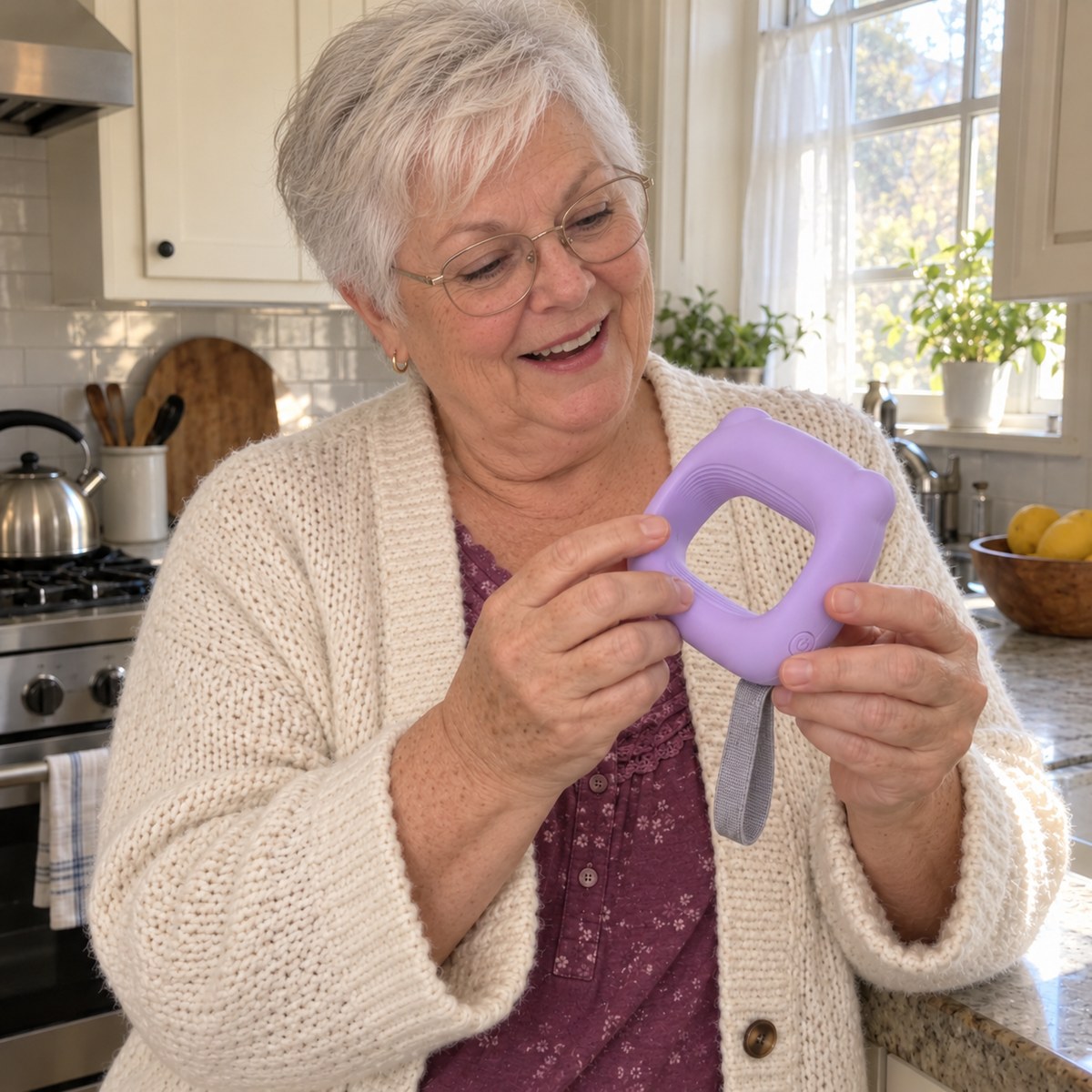 Carol holding the ring in her kitchen