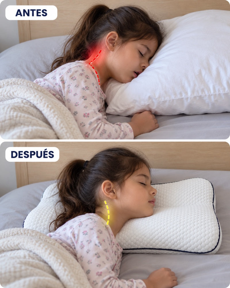 Antes: cuello doblado en una almohada de adulto. Después: cuello derecho en la Almohada Postural Haldrow