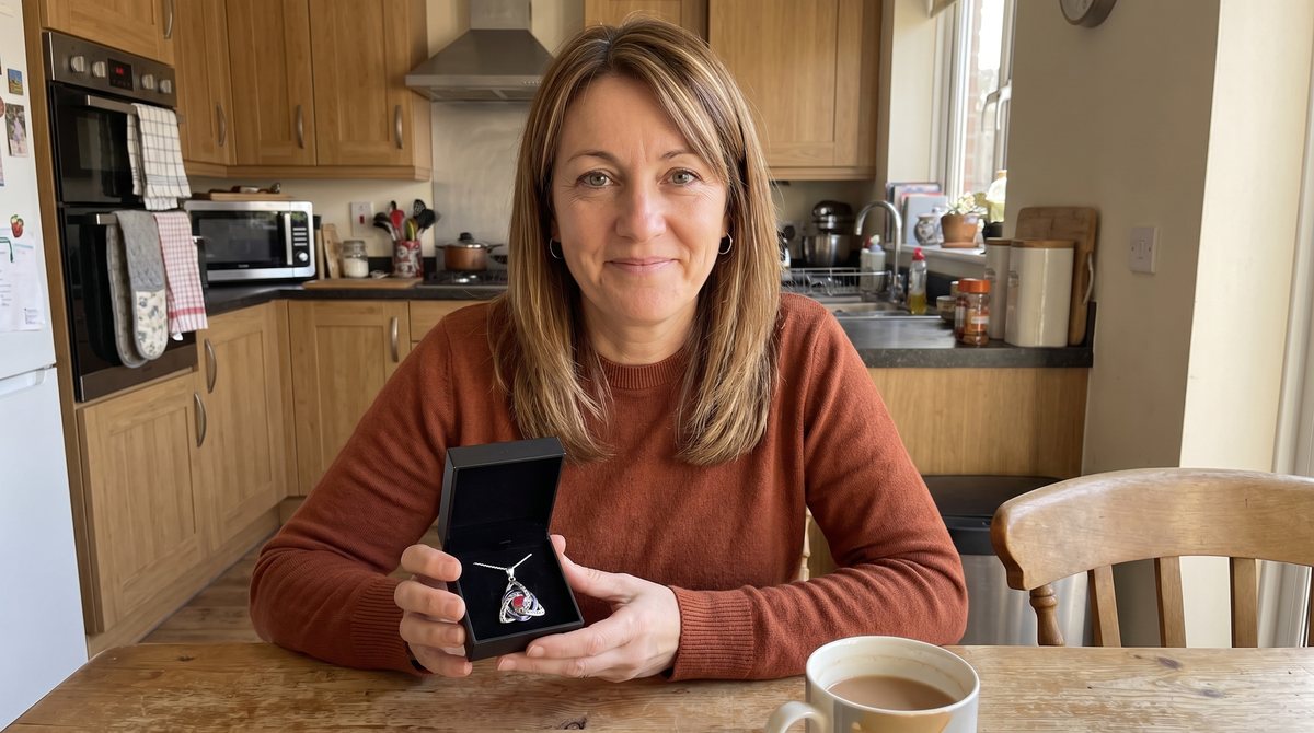 A woman showing the Haldrow Witch Knot in its box