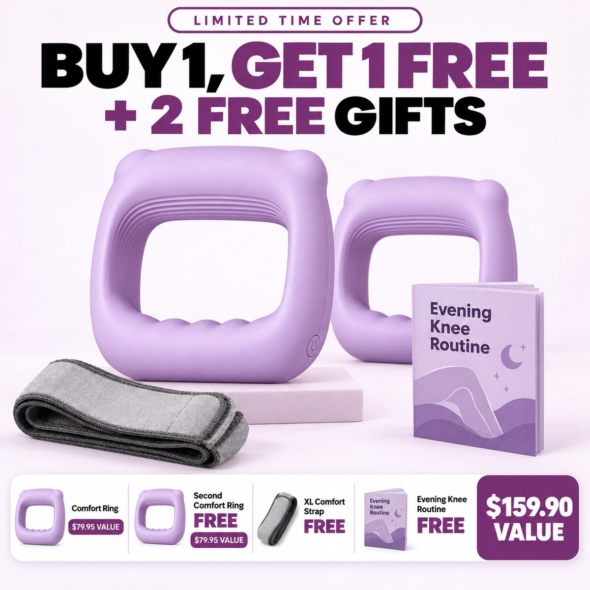 Buy 1 get 1 free: two lavender Haldrow Comfort Rings, XL straps and the Evening Knee Routine