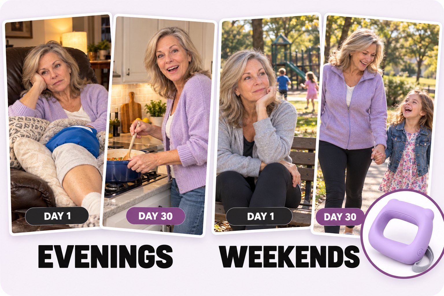 Day 1 and day 30: evenings in the recliner with ice, then cooking dinner and walking with the grandkids