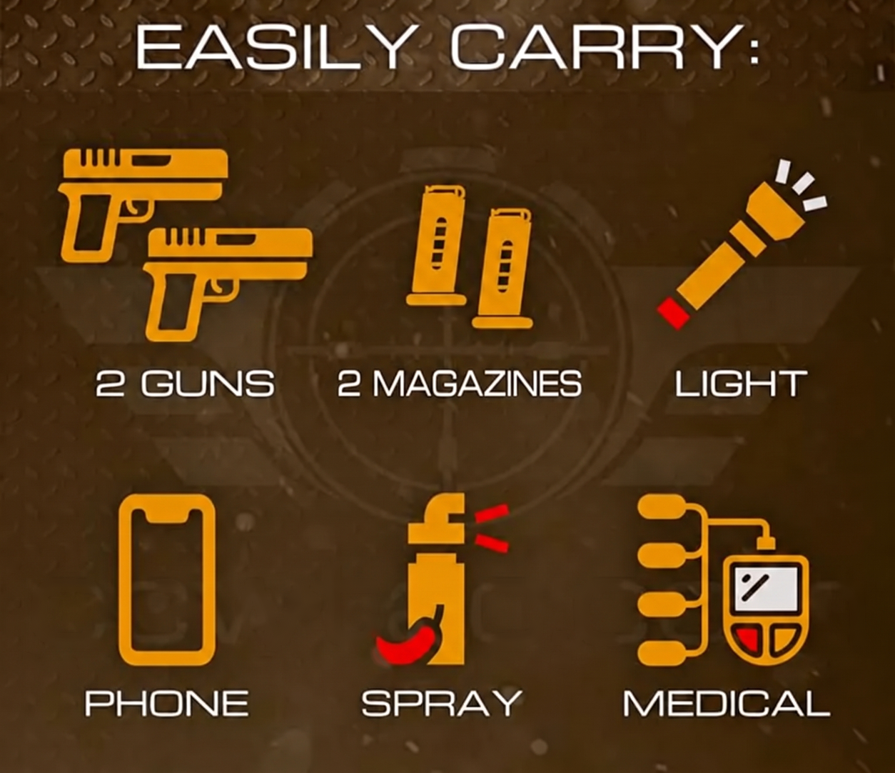 Carry a pistol, magazines, light, phone, spray or medical kit