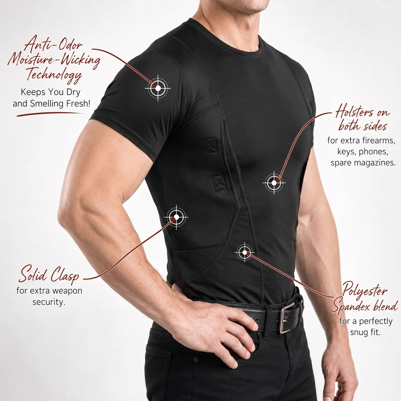 Holster pockets on both sides, security strap, moisture-wicking fabric